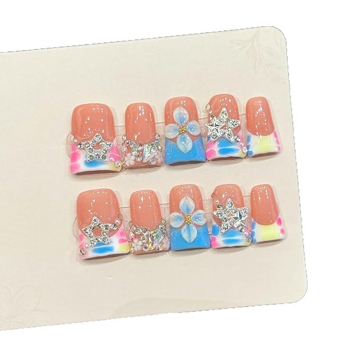 Handmade Nails Duckbill Shape Hand Carved Style Peach Pink Base Floral Pink Blue Yellow Gradient Rhinestone Decor Glossy Surface Fashion Manicure Easy Wear Press on Nails 10 pcs (S)