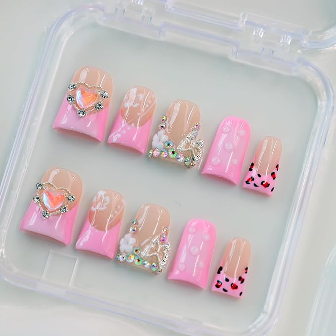 10Pcs Pink Handmade Press on Nails Duck Fake Nails French Tip False Nails with 3D Heart Butterfly Rhinestone Design Acrylic Duck Nails Press ons Medium Reusable Stick on Nail for Women (M)