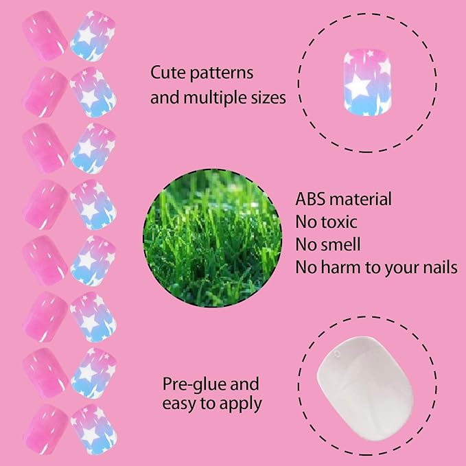 SIUSIO 124 Pcs 6 Pack Children Acrylic Fake Nails Press on Cute Pre-glue Full Cover Glitter Gradient Color Rainbow Short Kids Stick On False Nail Art Kits Set for Kids Little Girls - Dreamy Fairy