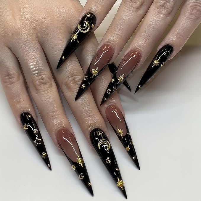 xl French Tip Press on Nails Long Stiletto Shape False Nails Press Ons Gold Moon&Stars Design Fake Nails Black Stick on Nail Full Cover Acrylic Artificial Nail Gift for Womens 24pcs