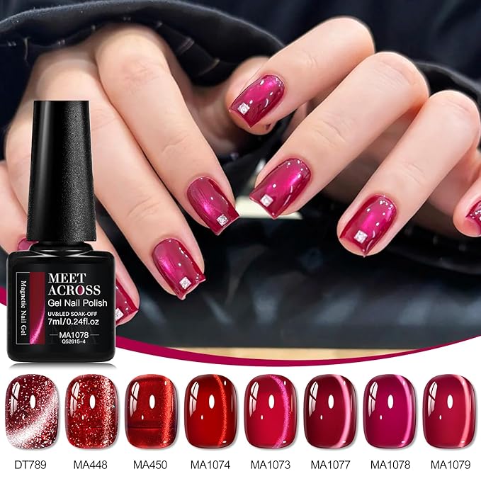 MEET ACROSS 9Pcs Glitter Red Cat Eye Gel Nail Polish Burgundy Red Cateye Gel Polish Magnetic Nail Polish with Magnet Bloody Mary Series Sparkle Red Manicure DIY Gifts 8 Colors