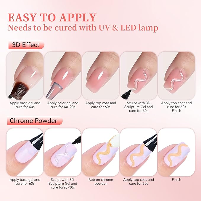 4 in 1 No Wipe 3D Nail Sculpting Gel 40ml - Clear Gel Glue for Nail Tips, Chrome Powder, Gems, Drawing & Christmas DIY Nail Art (UV/LED Lamp Curing Required)