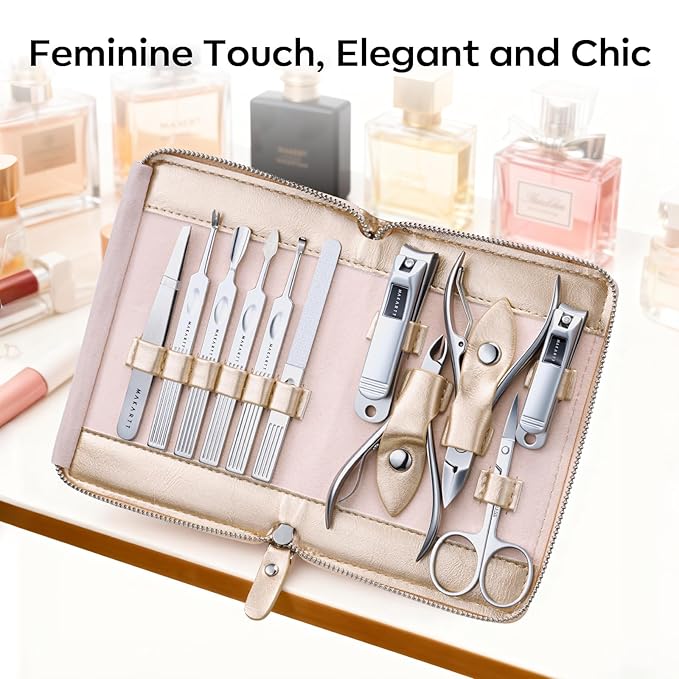 Makartt Manicure Kit for Women: Manicure Set with Nail Clippers - 11 pcs Stainless Steel Women Men Grooming Gift Travel Nail Kkit with Portable Rosy Gold Leather Case