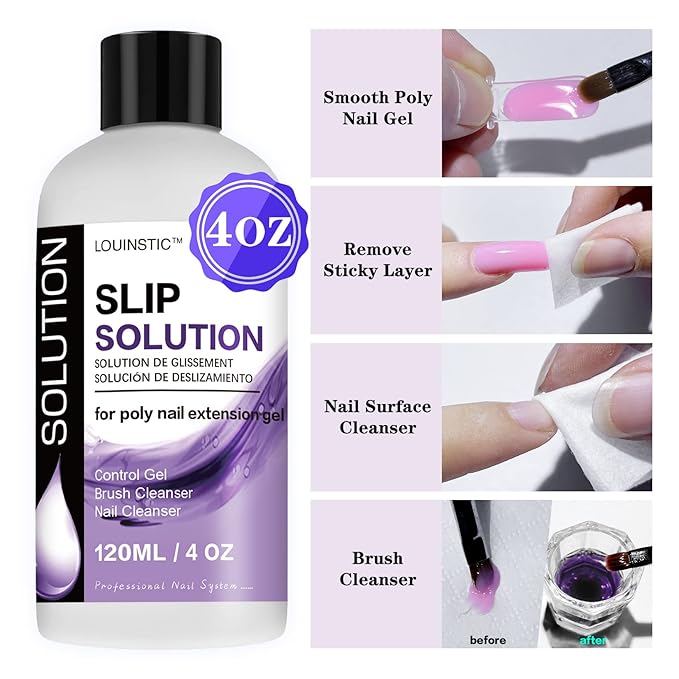 LOUINSTIC Slip Solution for Poly Extension Gel - 4oz, Professional Nail Extension Gel Anti-Stick Liquid, Cleanable Nail Brush Cleaner, Easy to Use, Beginner-Friendly