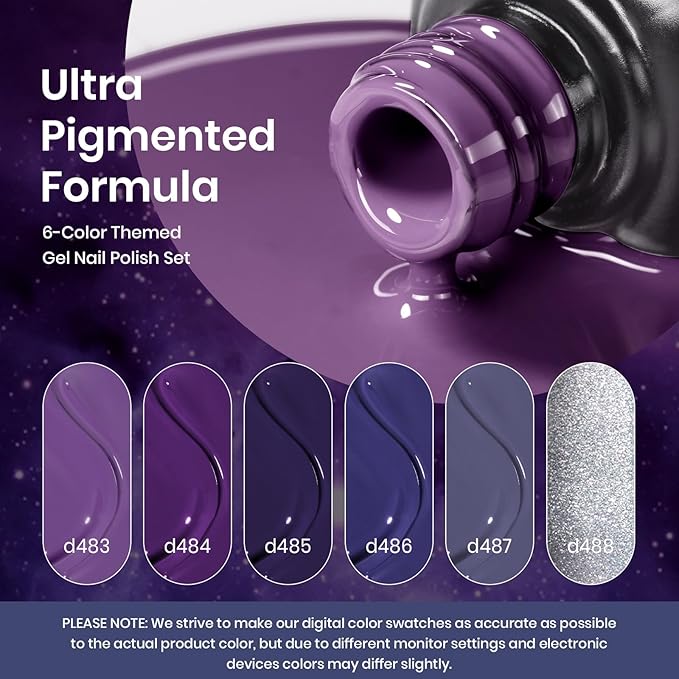 Beetles Purple Gel Polish Set, 6Pcs Purple Blue Gel Polish Silver Glitter Nail Gel Lost Universe Soak Off UV LED Nail Lamp Manicure DIY Home Gift for Women