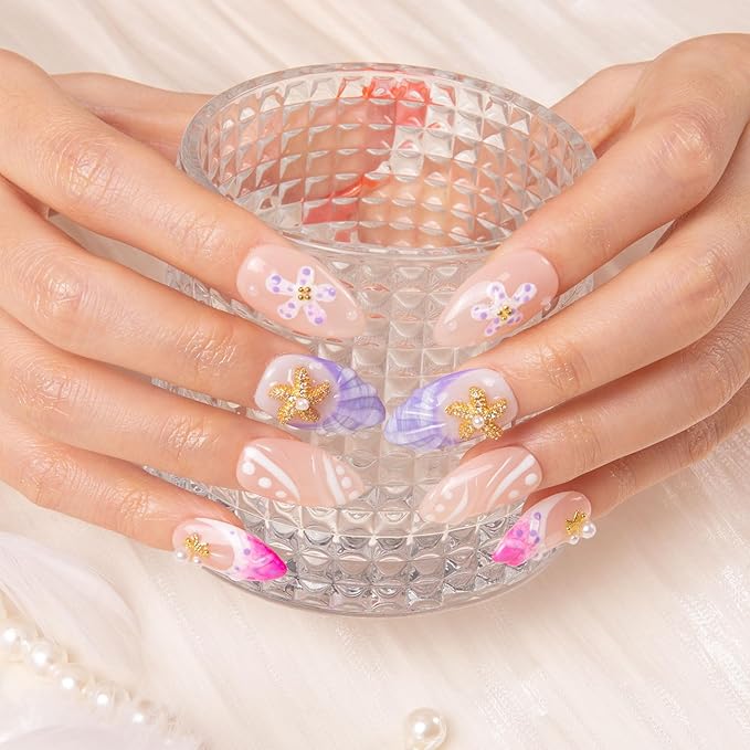 LOVFUL Press on Nails Coastal Sparkle | Handmade with Full Covered Crystals | Reusable Fake Nails | Almond Regular 1.0 in | H320-S