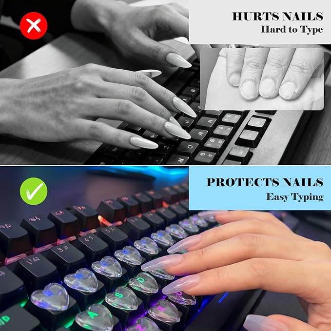 110pcs Keyboard Bubbles for Long Nails, Ergonomic Height Raised Glass Heart Key Covers, No-Residue, Reusable, Easy to Apply, for Desktop Keyboards, External Keyboards, Calculators