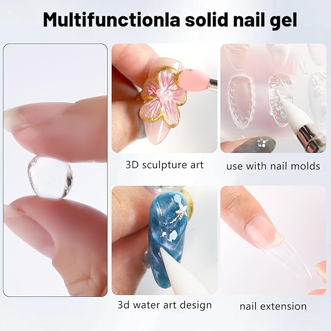 Solid Gel Builder for Nails, 60g Clear 3D Hard Gels Non-Stick Hand for Carving Molding Sculpting Gel Flower Charms Decoration DIY Extension Gels Salon & Home Manicure