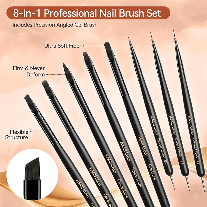8PCS Nail Art Brush Set for Gel & Acrylic – French Tip, Flat, Oval & Carved Liner Brushes with Dotting Tools, Professional Builder Poly Gel Nail Design Kit