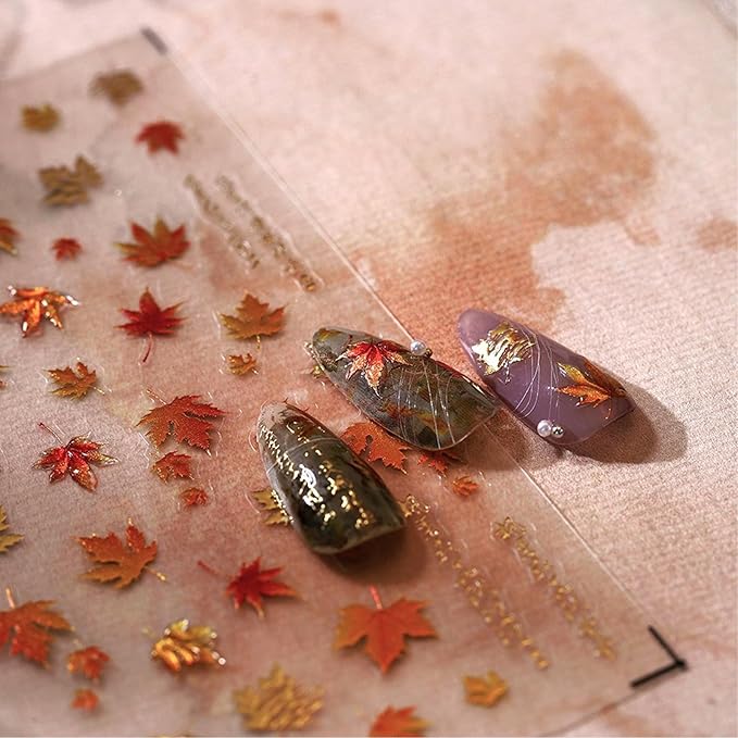 Maple Leaf Nail Stickers 5D Embossed Autumn Leaf Nail Designs 3D Self-Adhesive Gold Plant Fall Nail Decals Cute Fall Sticker Thanksgiving Day Manicure Acrylic Nails Accessories for Women Girls DIY