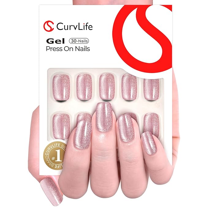 Curvlife Press on Nails Square Acrylic Cat Eyes Pink Fake Nails with Design Full Cover False Reusable Nail Kit with Nail Glue Adhesive Tabs, Women Girl Gift