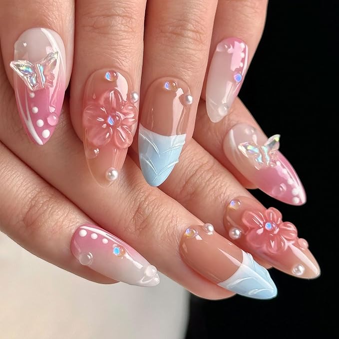 French Press on Nails Handmade Almond Nails with Glue,Nude Medium Fake Nails with 5D Flower Art ＆ Pearl Design Muti-Layer Gel Handmade Nail Acrylic Nature False Nails for Wome (Size S)