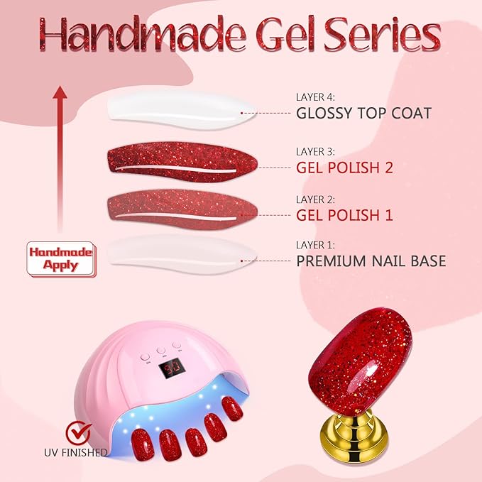 GLAMERMAID Golden Red Press on Nails Medium Almond, Handmade Glitter Glossy Jelly Soft Gel Glue on Nails Stiletto, Bright Red Fake Nails Short Oval, Reusable Acrylic Stick on False Nails Kit for Women