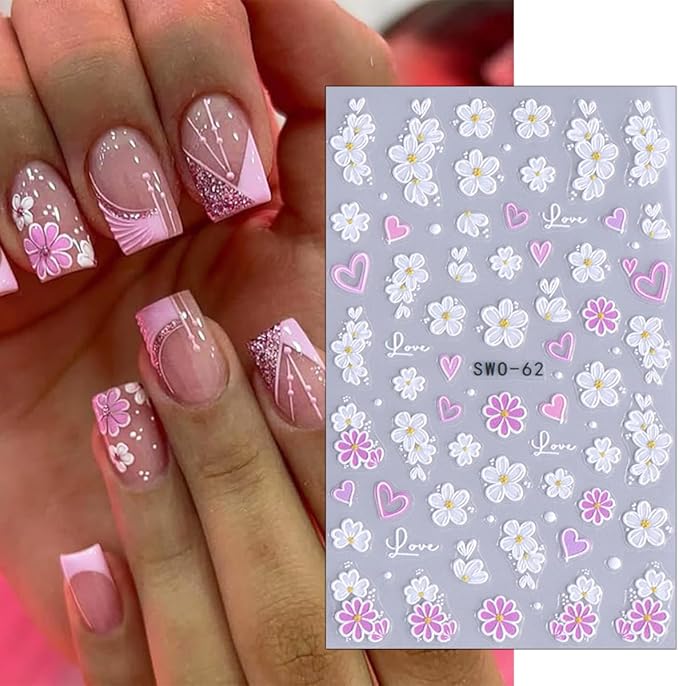 4 Sheets Flower Nail Stickers for Nail Art Embossed Floral Butterfly Nail Decals 5D Self-Adhesive Heart Butterfly Nail Design Decals Pink White Flowers Nail Art Stickers for Women Girls Nail Decor