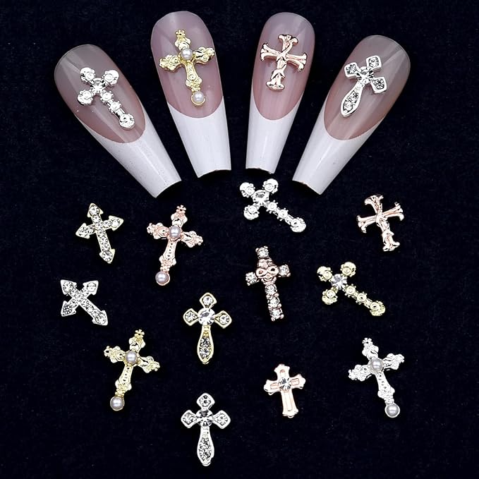 120pcs Cross Nail Art Charms Kit - Gold/Silver/Rose Gold Rhinestones for Press on Nails, Metal Alloy Nail Studs Nail Cross Charms DIY Jewelry, Gothic Nails Design,Acrylic Nails Accessories Supplies