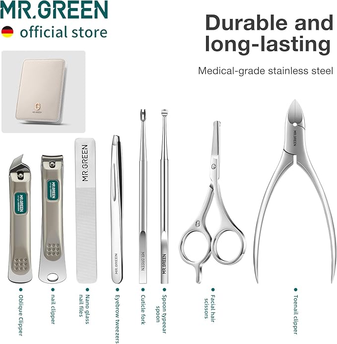 MR.GREEN Fashion Imprint Manicure Sets Professional Nail Clipper Set Personal Care Tool Kits Nial Cutter Gift With Leather Case (Beige(8Pcs Set))