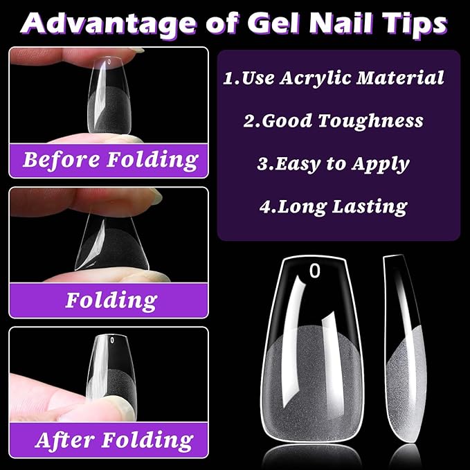 LoveOurHome 750pc Medium Coffin Nail Tips Clear Fake Nails Coffin Gel Nail Tips Full Cover Acrylic Nails Clear Press on Nail Medium False Fingernail for Gel Nail Extension,15 Sizes