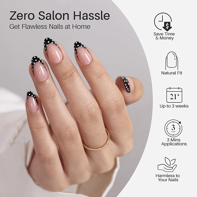 Black French Tip Press on Nails Short - SHANGMENG Soft Gel Almond Press on Nails for Women, Seamless Fit Glue on Nails in 16 Sizes - 32 Reusable Fake Nails Kit with Glue, Polka Dots