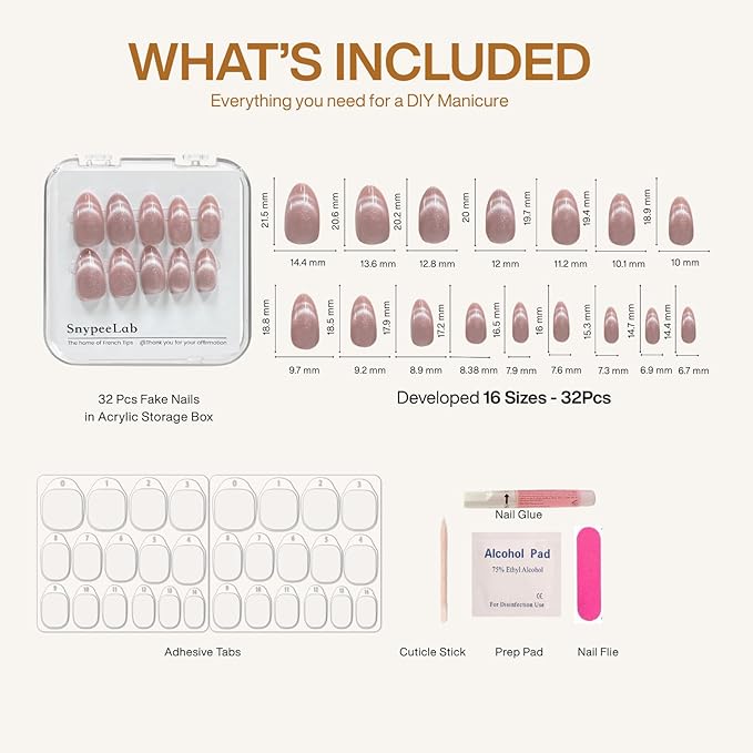 Cat Eye Press on Nails Short Almond, with French Tip Effect, Glue on Nails for Women Gift, Salon Quality Wedding Nails, 32 Pcs (Nude Pink1)