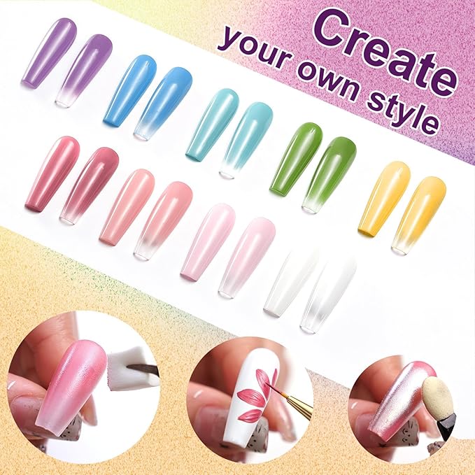 Gradient Gel Nail Set, 9 Bright Colors Ombre Gel Nail Polish with 6 Aurora Multi-Purpose Brushes for Pigment Pat Nails French Manicure Nail DIY Painting Soak Off UV G Bloom Summer