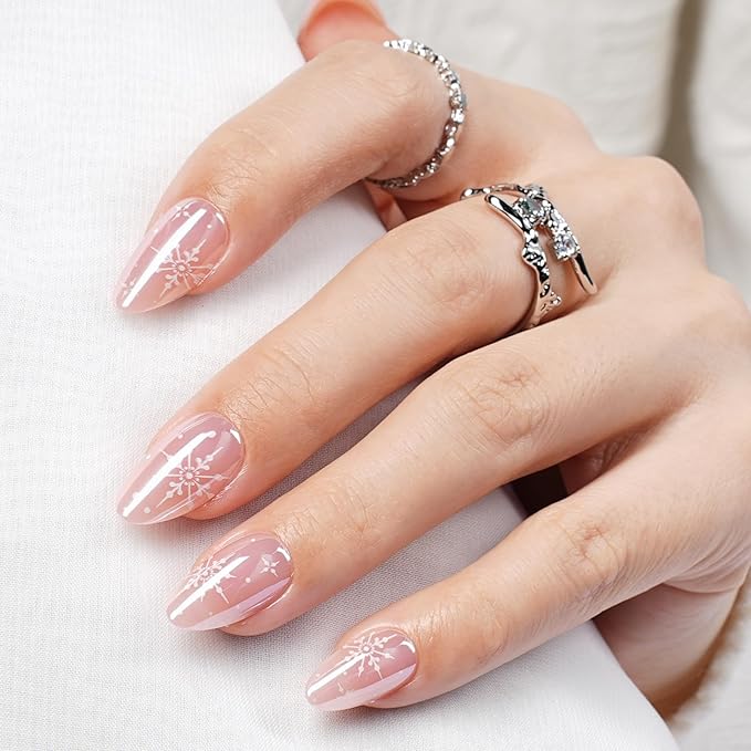 Pink Press On Nails Short Almond with Chrome Accent Design, Glossy Reusable Press On Nails for Women, 32 Count 16 Sizes Nail Kit with Glue (SV-15)