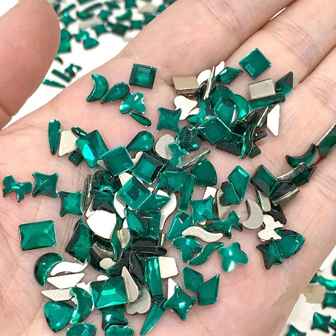 Nail Rhinestones Kit, 18 Types of 900 Special-Shaped Nail Diamonds + 3200 Flat-Bottomed Nail Rhinestones, Green Nail Crystal Rhinestones for Manicure