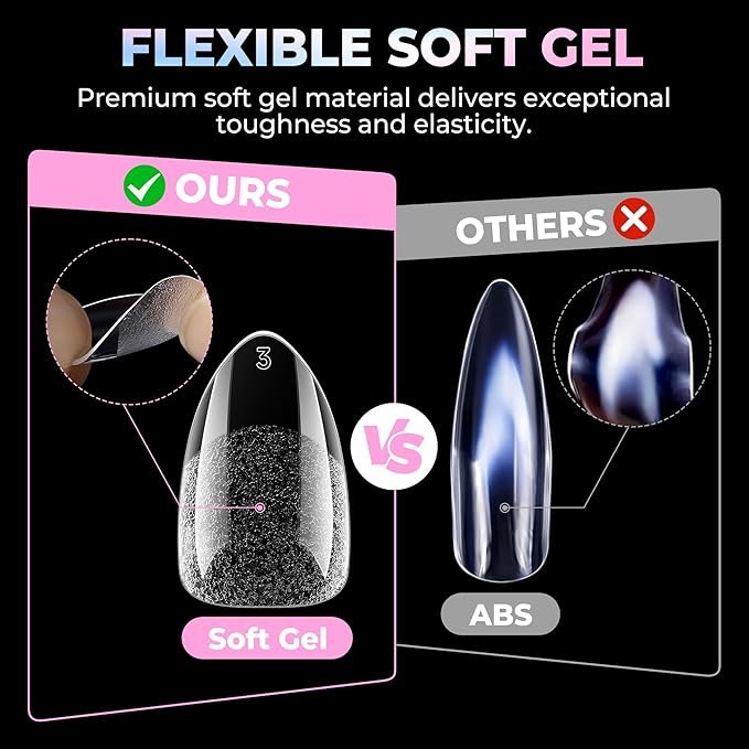 UNA GELLA Short Almond Nail Tips 15 Sizes 300PCS Pre-Etched Soft Gel Clear Nail Tips Easy DIY Salon Short Almond Press On Nails Snug Fit Acrylic Fake Tips Extensions Long-Lasting Hold
