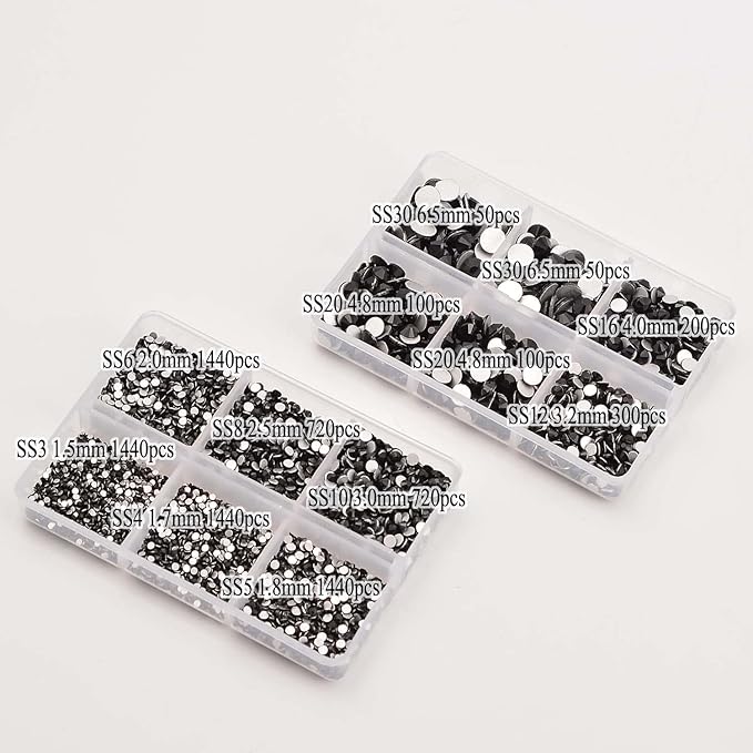 NCB 8000pcs Non Hotfix Rhinestones 10 Sizes Flatback Crystal Glass Rhinestones with Tweezers and Picking Pen for Nail Art Clothes Bags Phone Decorations Crafts DIY (002 Black Mix SS3-SS30)