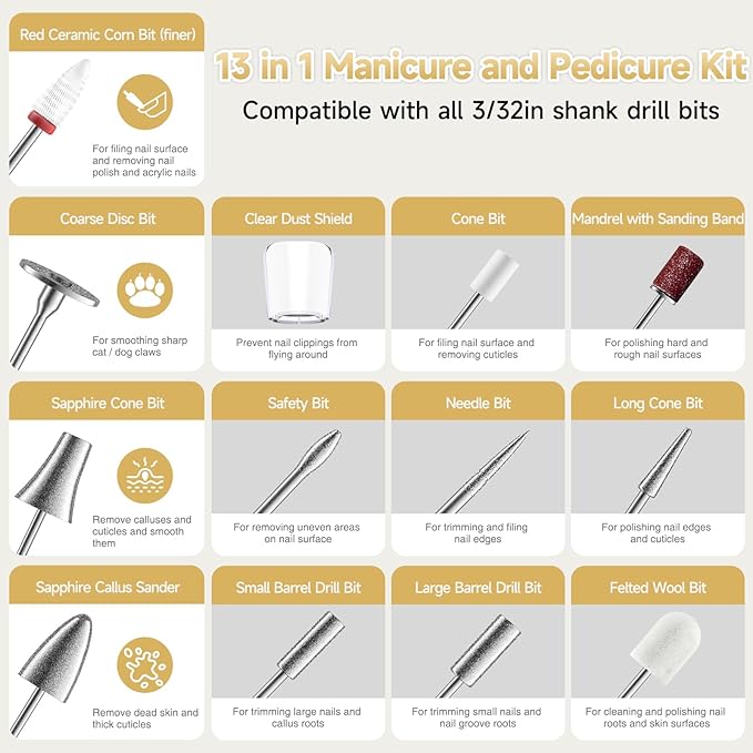 Cordless Electric Nail Drill 35000 RPM, Professional Nail File Kit with LCD Display, 12 Bits & 36 Sanding Bands, for Acrylic Gel Nails, Pet Claws, Salon & Home Use (Sand Dune)
