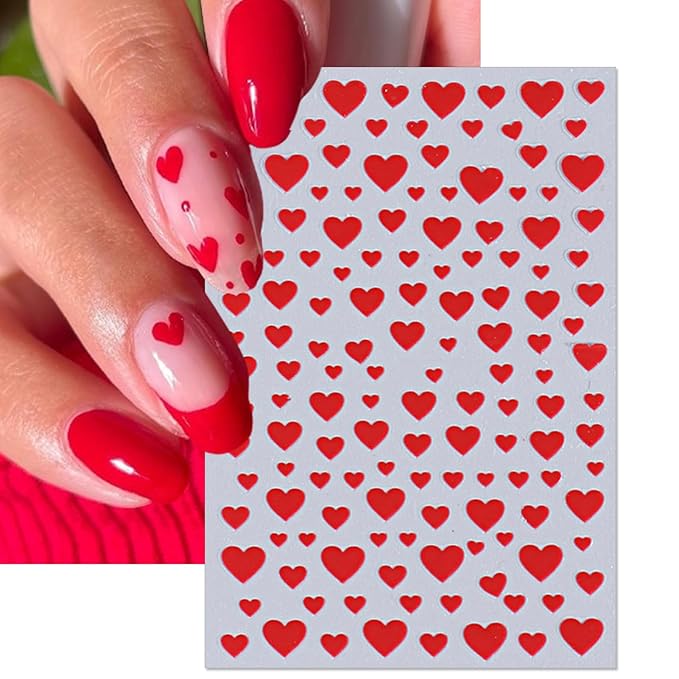 Valentine's Day Nail Art Stickers - Sexy Red Black Heart Nail Decals, Self-Adhesive White Love for DIY 3D Nail Supplies Decoration (4 Sheets)