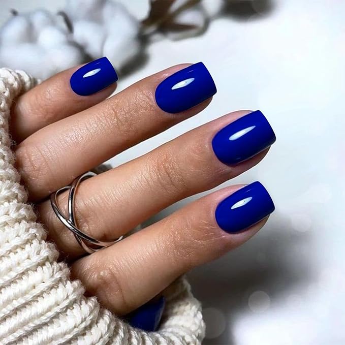Royal Blue Press on Nails Short Square, Natural Gel Glue on Acrylic, 48Pcs Thick Reusable Fake Nails for Women, Short Coffin Artificial New Solid Color Square