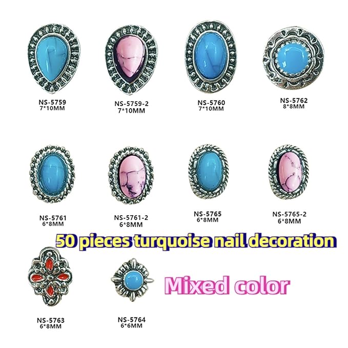 50pcs Western Nail Art Jewelry 3D Turquoise Jewelry Vintage Mixed Oval Blue Pink Marble Nail Art Jewelry for Nail Phone Case Halloween Wedding Party Decoration DIY