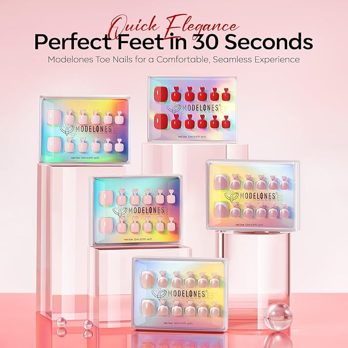 Modelones Press on Toenails Short, Red Toe Press on Nails Square, Reusable Nail Kit with Nail Glue Adhesive Tabs Mini Nail File, Toe Nails 36Pcs 18Sizes, Spring Women Girl Gift
