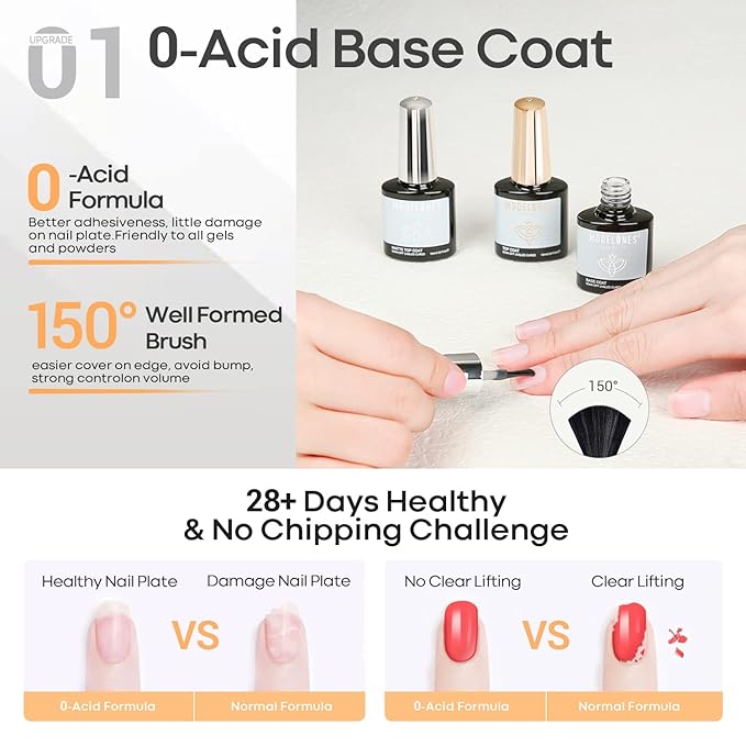 modelones Gel Top Coat Base Coat for Gel Nail Polish 3 Pcs, Chrome Proof Matte Top Coat Clear No Wipe Shiny Top Coat Long Lasting High Gloss & Velvet Matte DIY Home Fall Manicure Gift for Women