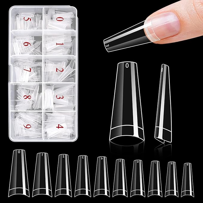 Yokilly Clear Coffin Nails Tips, 500 PCS Short C Curve Half Cover Soft Gel Nail Tips, 10 Sizes Acrylic Flase Nail Tips for Nail Salons and Home DIY