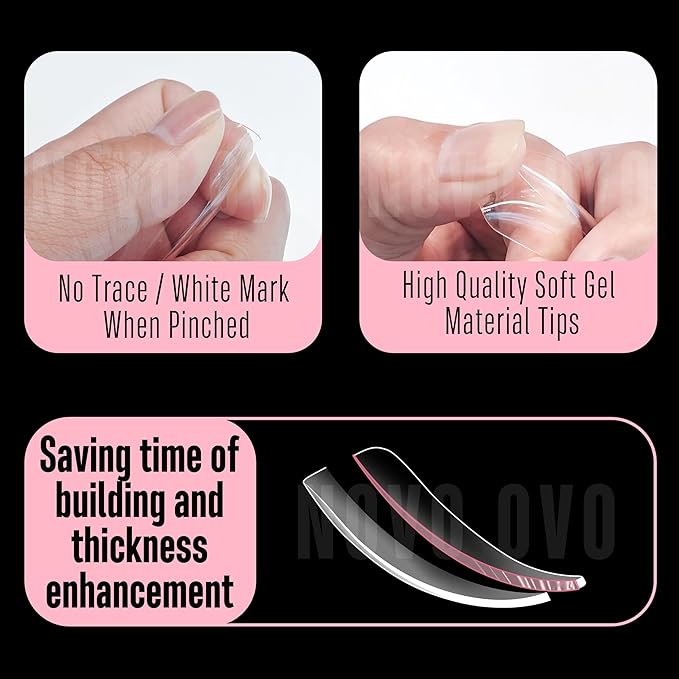 NOVO OVO Halloween XXL Curved Almond Stiletto Nail Tips Press on Full Cover, Soft Gel Extra Thick Long Acrylic Hawk Curve Fake Nails Extension Kit, Clear Pre-etched French False Nail 12 Sizes 300 Pcs