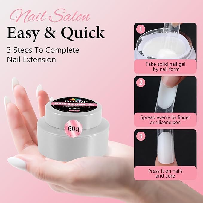 Solid Builder Gel for Nails, EBANKU White 60g/2.1oz No Stick Hand 3D Sculpting Gel for Nail Art, Hard Glue with 96Pcs Nail Forms Soak Off UV LED Manicure Salon DIY Gift