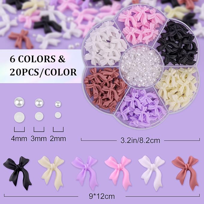 BELLEBOOST 1 Box 3D Bow Nail Charms and Flatback Pearls Set 7, 120 Pcs Cute Bow Charms in 6 Colors for Nail Design + 2-4mm White Nail Pearls with Pickup Tweezer and Pencil for Nail Art Decoration