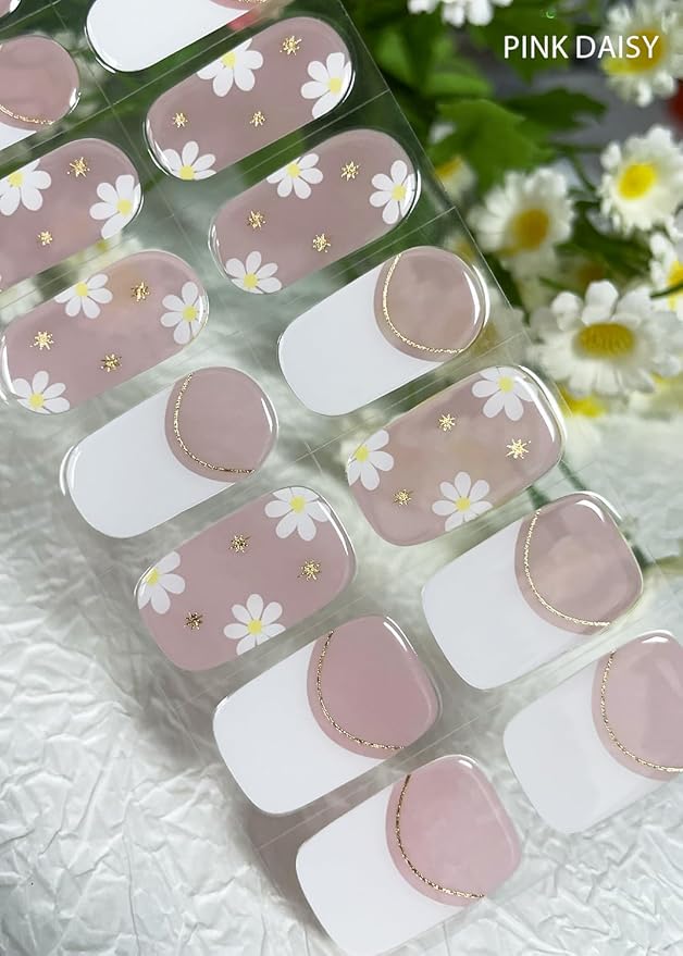 Semi Cured Gel Nail Strips (Pink Daisy), French, 20 Pcs Gel Nail Wraps, Stickers, UV Light Required, Salon Quality, Long Lasting