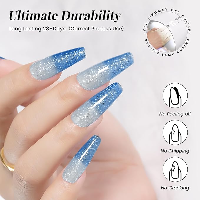 YTD Likomey Color Changing Gel Nail Polish,15ml Silver To Light Blue Glitter Mood Temperature Change Colors Ombre Thermal Salon Home Fall Winter Manicure UV Nails Varnish,WB05