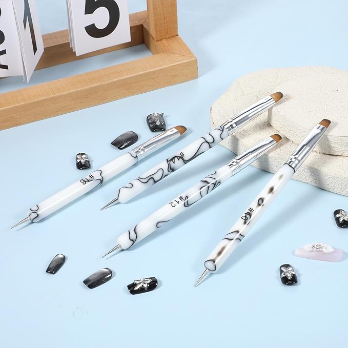 4 Pcs Gel Nail Brush French Acrylic Nail Art Brush with Dotting Tool Extension Gel Brushes Professional Manicure Tool for Nails Detailed Designs DIY Nails Salon (10# 12# 14# 16#, Black and White)