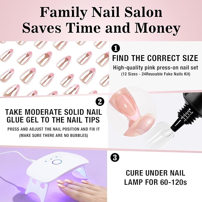 Press On Nails Kit with Nail Lamp,Pink French Tip Short Almond Gel Nails 24Pcs 16Sizes,All-in-One DIY Kit with Glue Remover Top Coat Cuticle Oil Mini UV Lamp,28+Days Long Lasting,Gift for Women