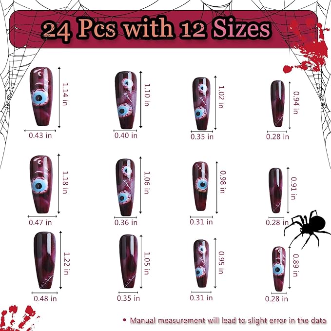 24pcs Halloween Red Eyes Long Square Press On Nails for Terrifying Costumes, Reusable Nail Kit with Adhesive Tabs, 12 Sizes (Red Eye)