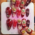 Handmade Acrylic Press On Nails Almond, Red Press On Nails Medium, Ombre Blush 3D Nails Red Chrome Cherry Bow Heart For Women Gift, Reusable Stick On Fake Nails Kit With Nail Glue(Crimson Cutie-L)