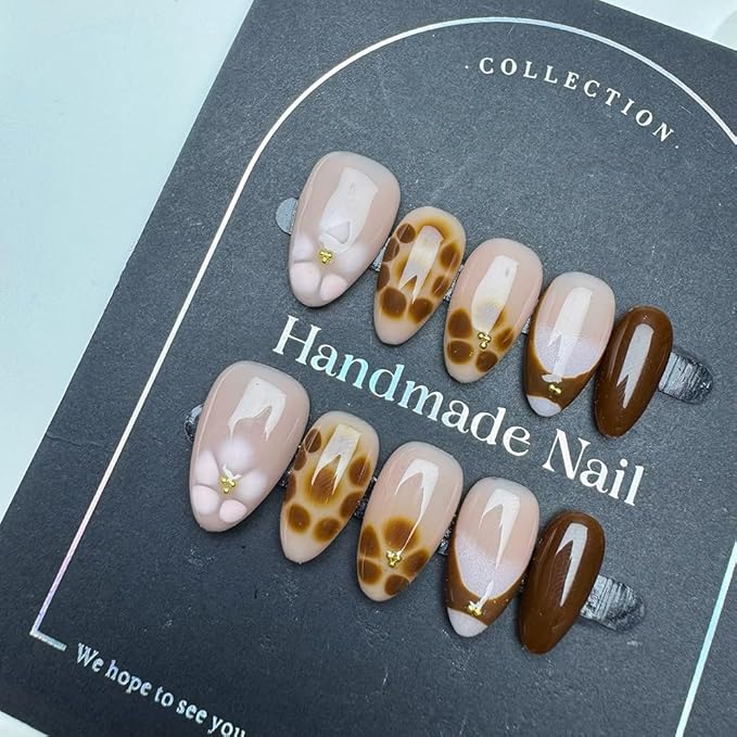100% Handmade Press on Nails Medium Almond Handmade Nails with Rhinestone Flower Design Brown False Nails Glossy Leopard Print Nail Press ons Reusable Fall Winter Fake Nails for Women Size L 10Pcs