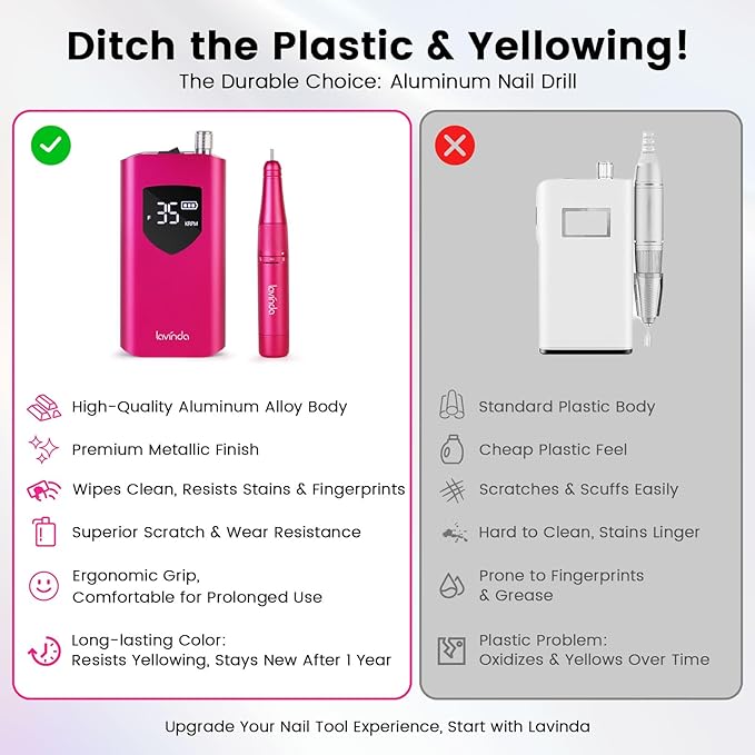 Lavinda Professional Nail Drill 35000 RPM, Cordless Rechargeable Electric Nail File for Acrylic Gel Nails, Efile Nail Drill Machine for Home and Salon Use (Viva Magenta)
