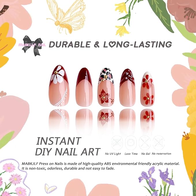 Red Flower Press on Nails Medium Almond MABKJLF Fake Nails 3D Red False Nails with Cherry Leopard Print Hibiscus Designs Fall Glossy Glue on Nail Acrylic Nails for Women Girls 24Pcs