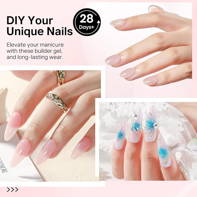 MIZHSE 8 in 1 Builder Gel for Nails, 2Pcs Clear Hard Builder Gel for Nails Strengthen Thickening Tip Design Rhinestone Nail Glue U V LED Extension Gels Kit for Nail Art Design