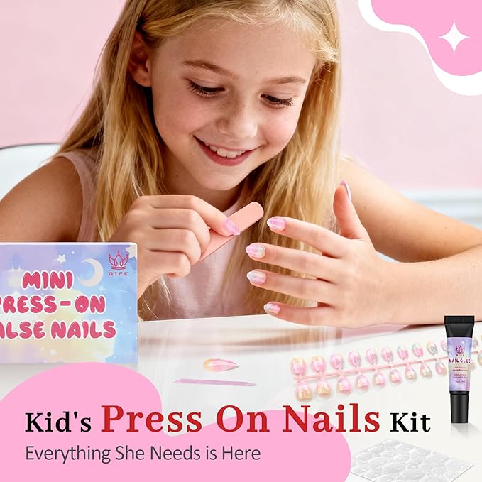 16 Sizes Press on Nails Kit for Kids - 32 Pieces French Almond Fake Nail Tips for Girls 8-12 Years Old with Jelly Nail Adhesives & No-Lamp Nail Glue, Birthday Christmas Gifts(Dream Stars Cloud)
