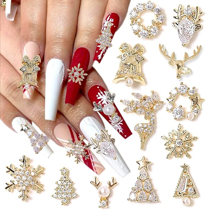 12pcs Christmas Nail Charms,Alloy Chrismas Nail Art Charms Nail Gems Nail Rhinestones Shiny Zircon Snowflake Elk Xmas Tree Chrismas Garland Nail Decor Rhinestones for Nails Jewelry Women Nail Supplies